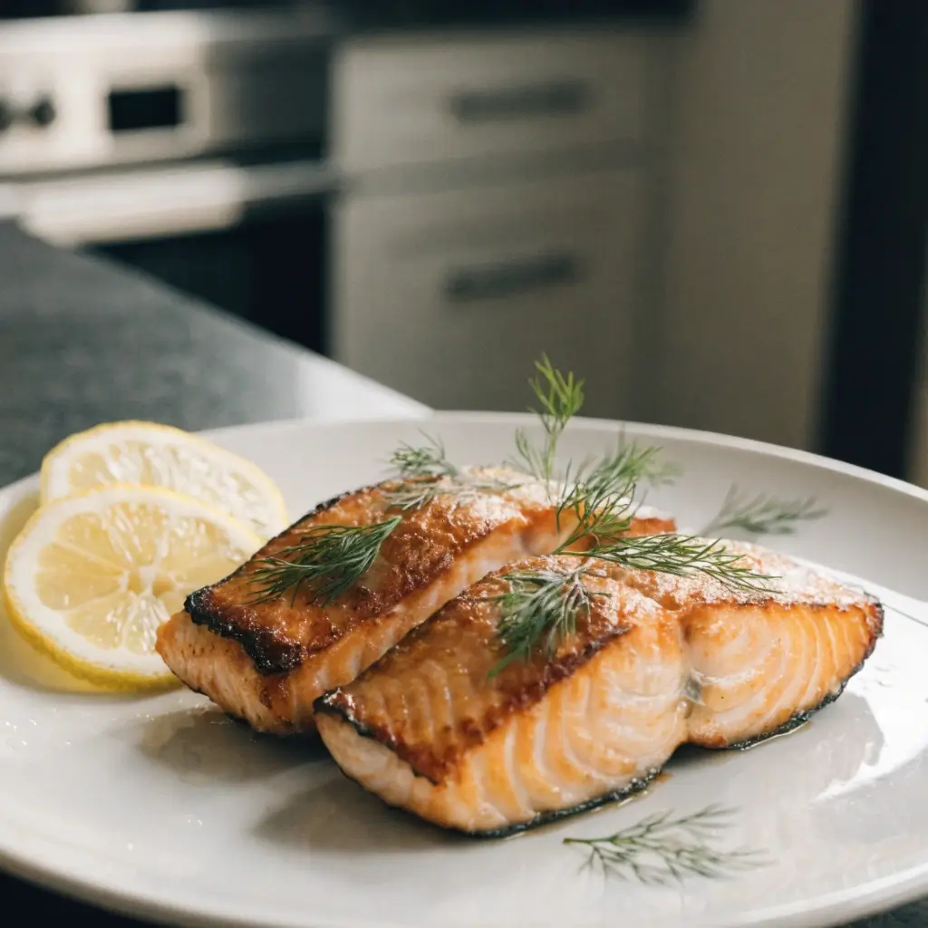 Lachs Temperatur- und Garzeiten: Zwei perfekt gegarte Lachsfilets mit Zitronenscheiben und Dill auf weißem Teller in moderner Küche