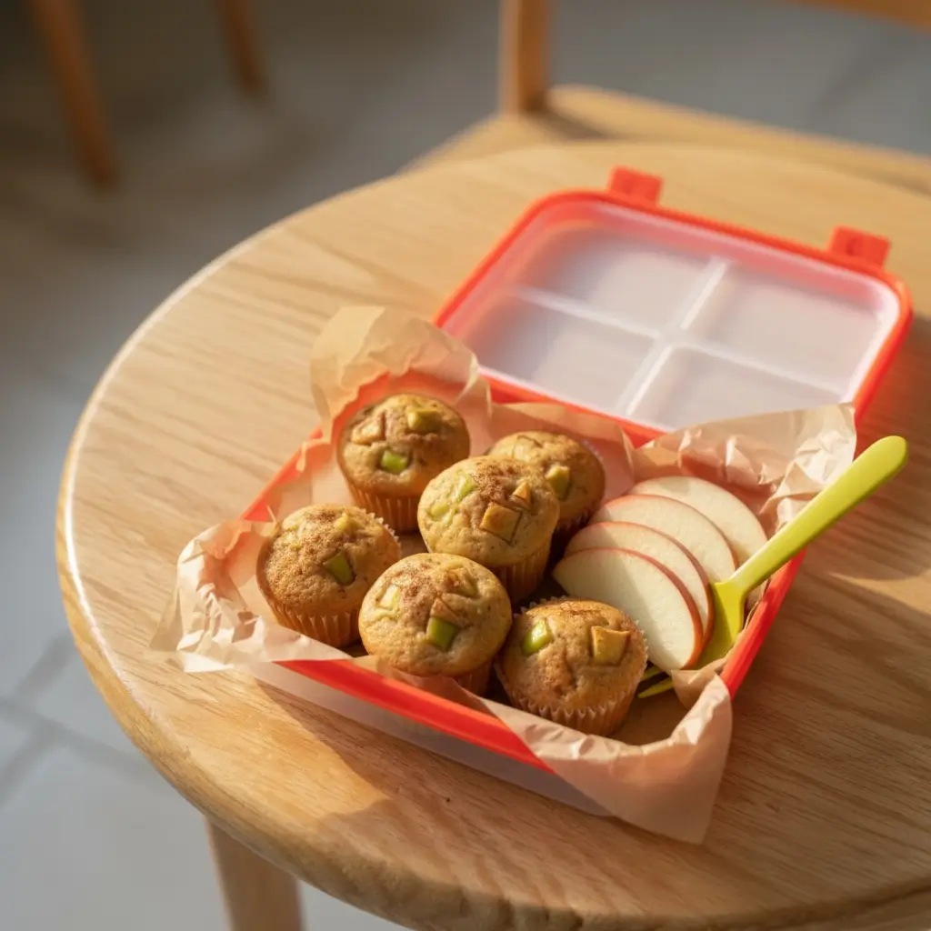 Selbstgebackene Apfelmus-Muffins mit frischen Apfelstücken in roter Brotdose mit Apfelscheiben