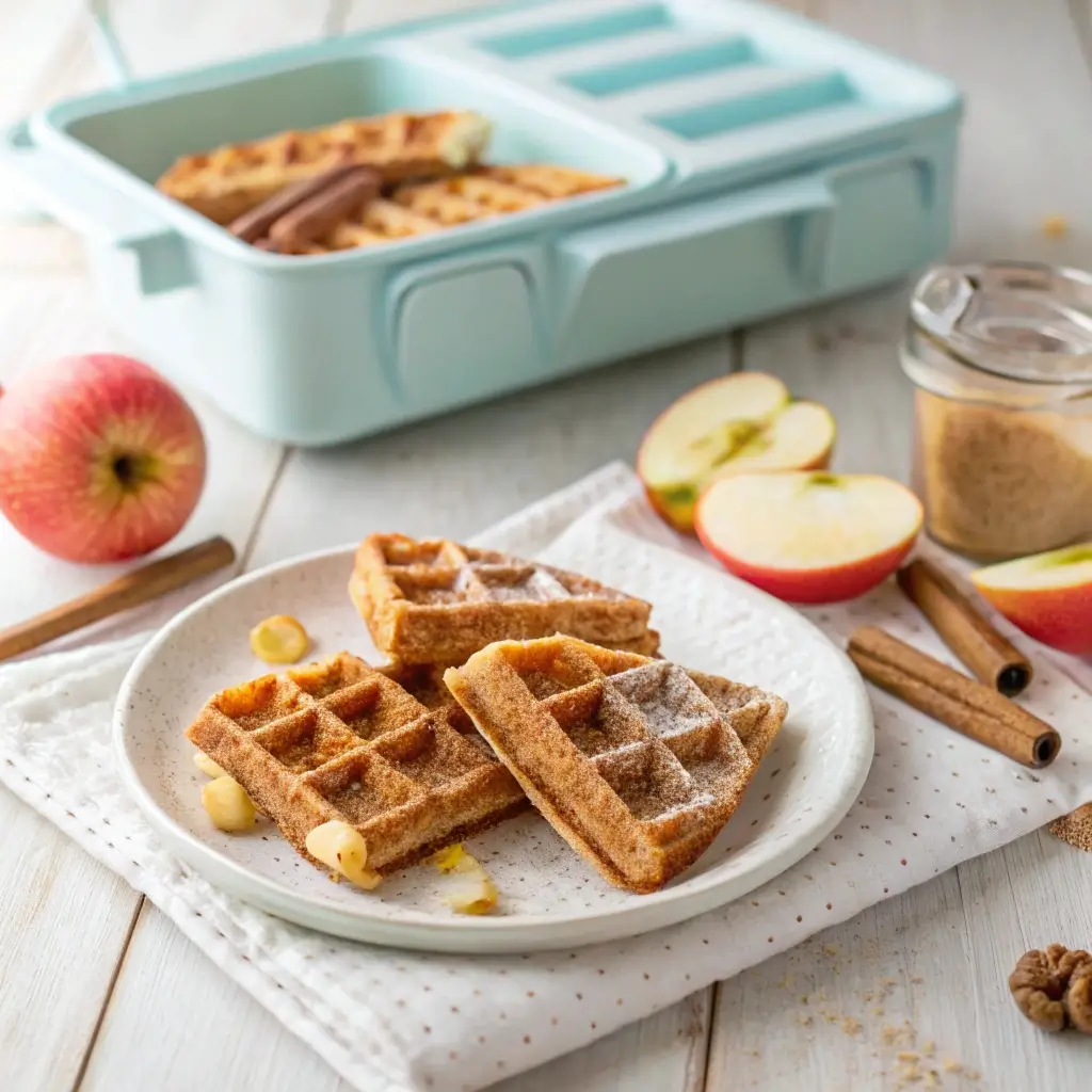 Apfelmus-Waffeln in einer bunten Brotdose mit Apfelmus-Dip, ideal als gesunder, zuckerfreier Pausensnack für den Kindergarten