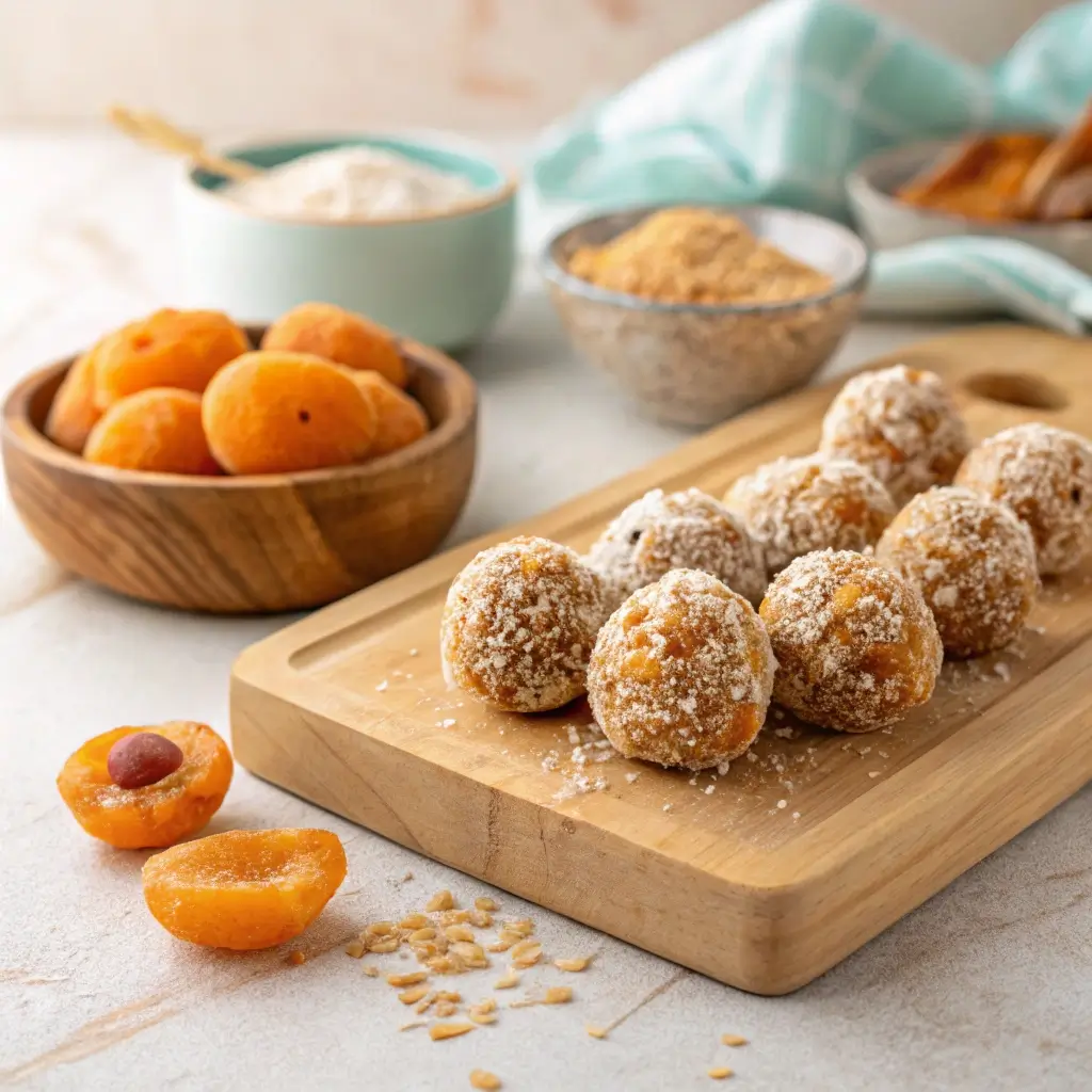 Aprikosen-Haferflocken-Balls mit Kokosraspeln auf Holzbrett, daneben getrocknete Aprikosen und Haferflocken als Brotdosen-Snack für den Kindergarten