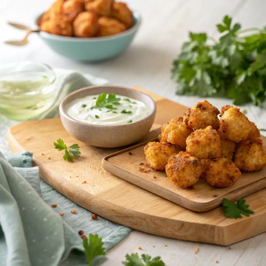 Goldbraune Blumenkohl-Nuggets auf Holzbrett mit frischem Kräuter-Joghurt-Dip und Petersilie, ideal als gesunder Brotdosen-Snack für den Kindergarten