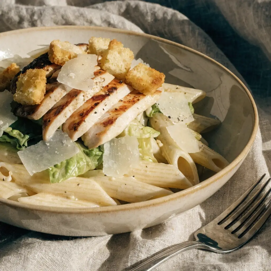 Caesar Nudelsalat mit Penne, gegrilltem Hähnchen, Croutons und Parmesan in einer rustikalen Schüssel
