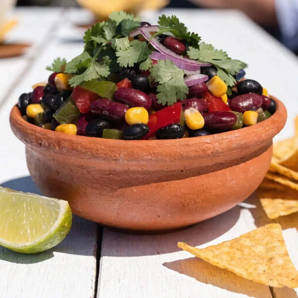 Bunter Cowboy Caviar Dip in einer Terrakotta-Schale mit schwarzen Bohnen, Kidneybohnen, Mais, Paprika, roten Zwiebeln und frischem Koriander, serviert mit Tortilla-Chips und Limette