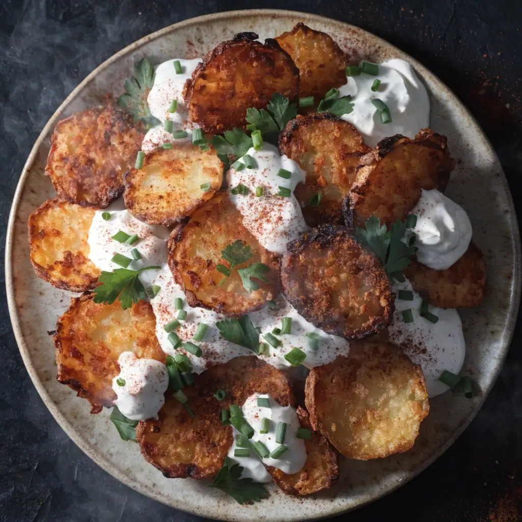 Crispy Smashed Potato Salad mit Sour Cream und Kräutern
