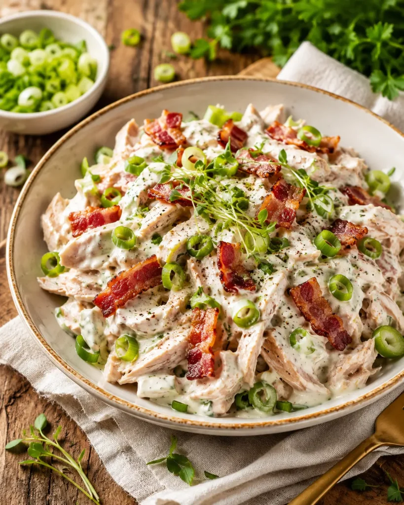 Dänischer Hühnchensalat mit cremigem Joghurt-Dressing, knusprigem Speck, Frühlingszwiebeln und frischen Kräutern in rustikaler Schüssel