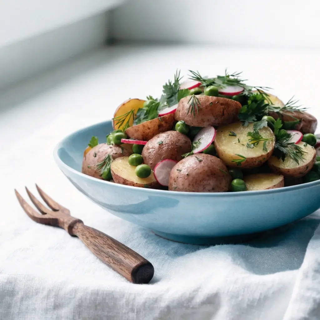 Dänischer Kartoffelsalat ohne Mayo mit neuen Kartoffeln, grünen Erbsen, Radieschen und frischem Dill in einer blauen Schüssel mit Holzgabel