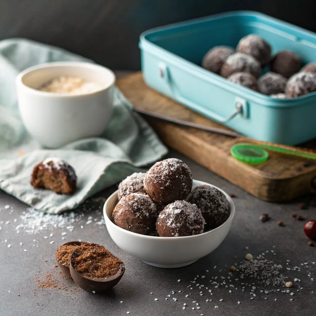Dattel-Kakao-Kugeln bestäubt mit Kokosraspeln in weißer Schale, im Hintergrund türkisfarbene Brotdose gefüllt mit Energy Balls für den Kindergarten