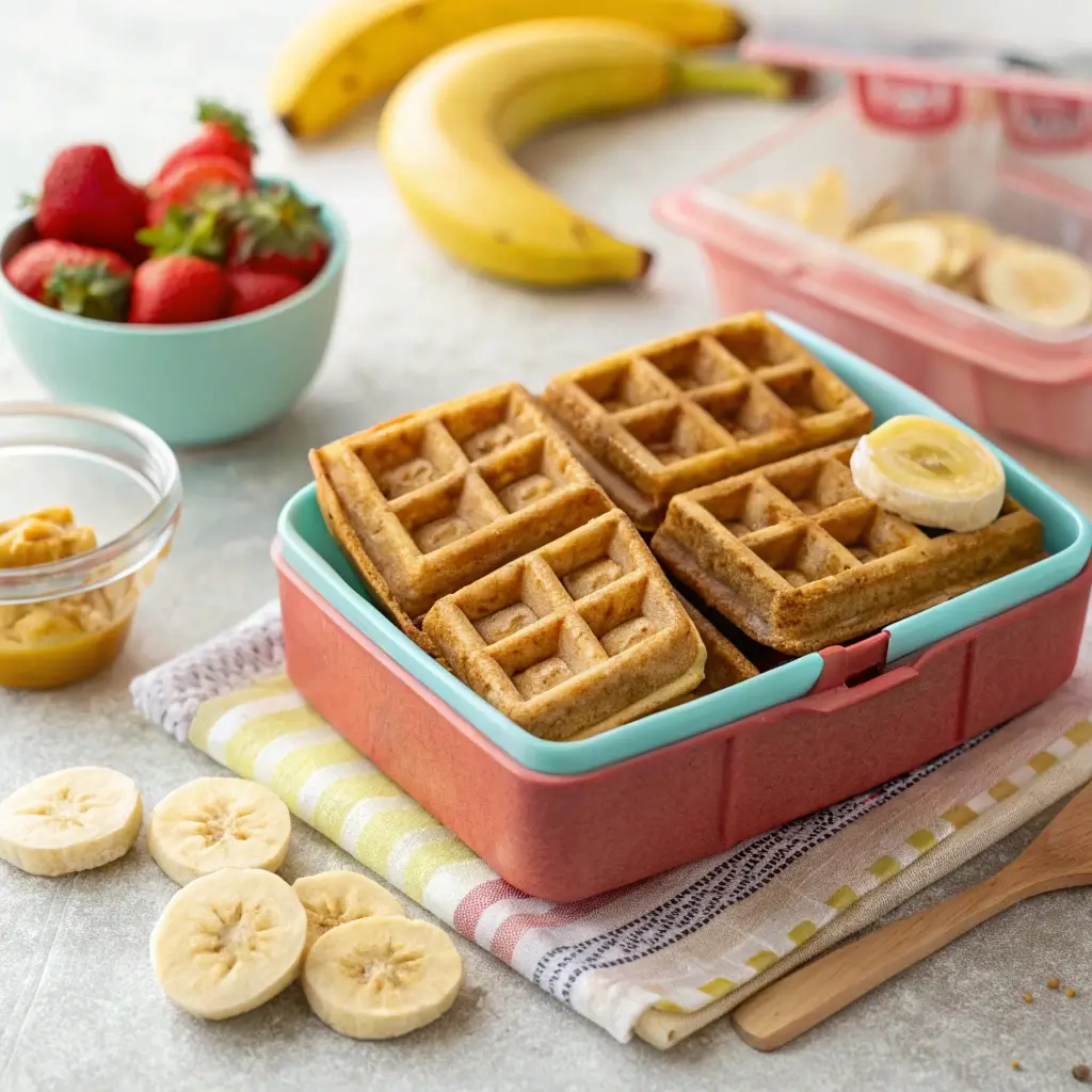 Gesunde Haferflocken-Waffeln in einer bunten Brotdose mit frischen Bananenscheiben, Erdbeeren und einem Dip als zuckerfreier Pausensnack für den Kindergarten