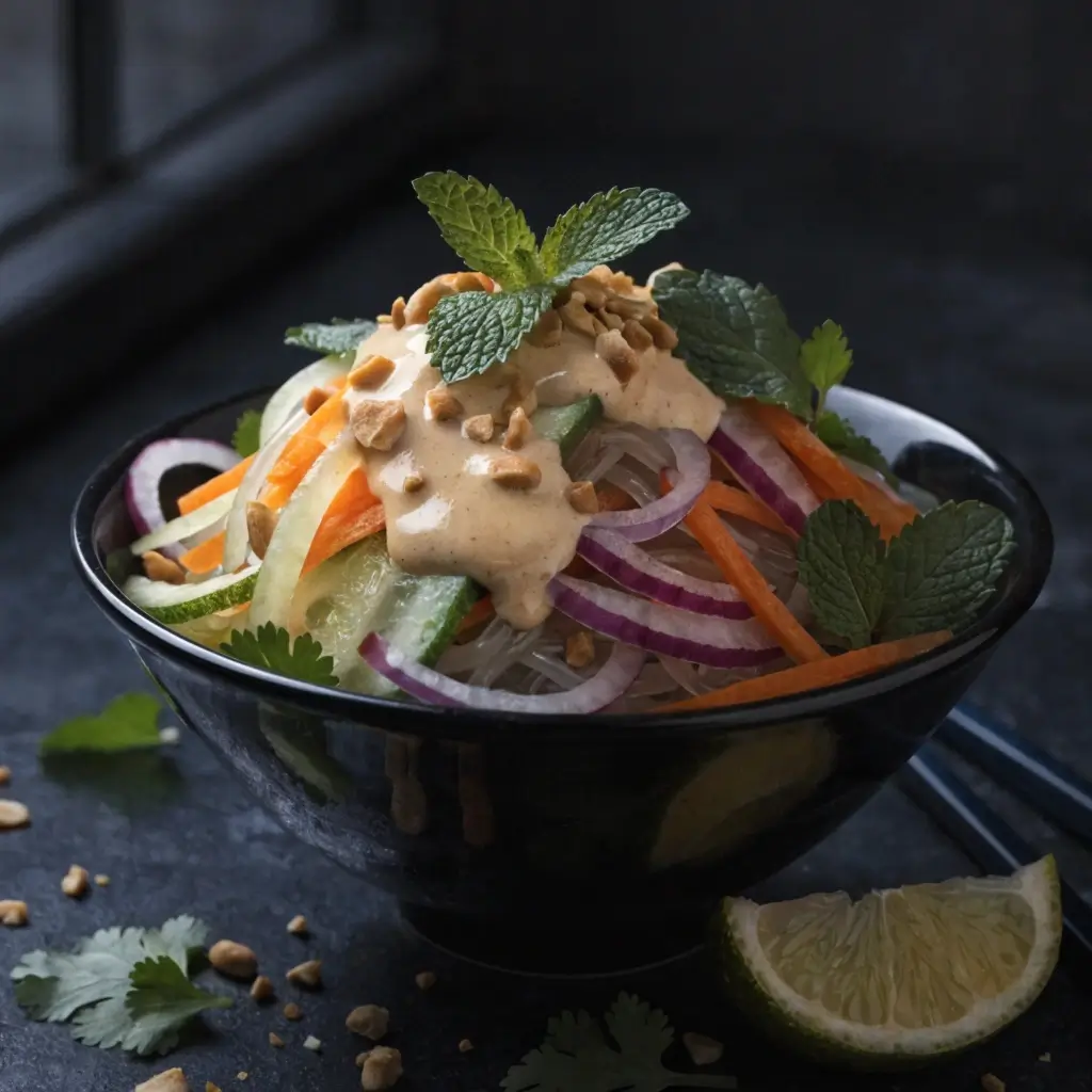 Glasnudelsalat mit Erdnuss-Limetten-Dressing, Karottenstreifen, Gurken, roten Zwiebeln, Erdnüssen und frischer Minze in dunkler Schale mit Limettenspalte