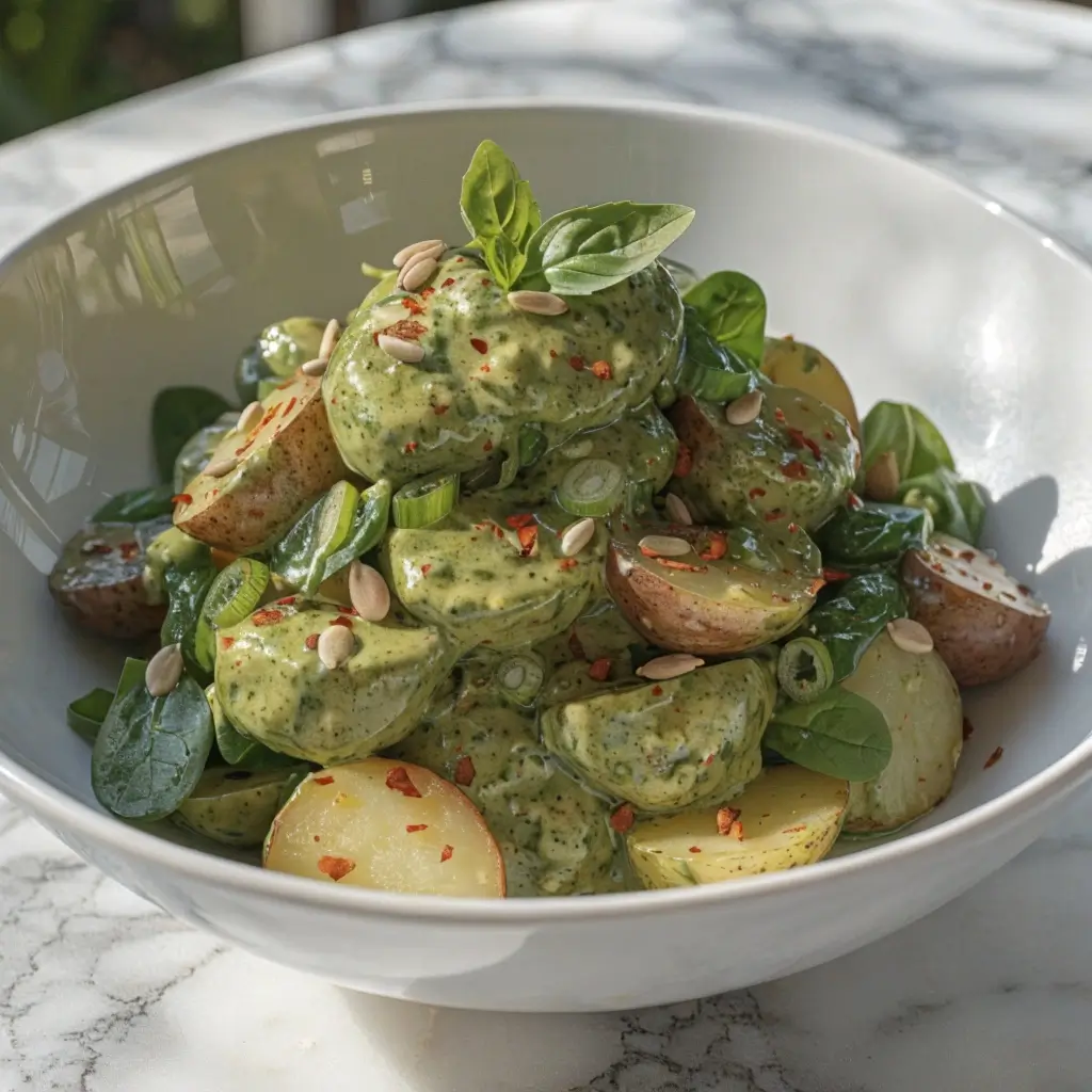 Green Goddess Kartoffelsalat mit cremigem Kräuter-Dressing, Basilikum und Sonnenblumenkernen in weißer Schüssel