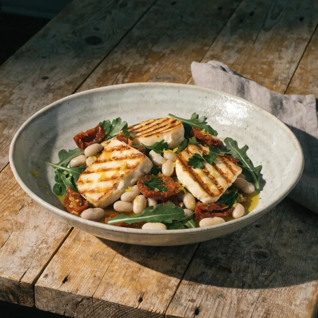 Gegrillter Halloumi-Salat mit weißen Bohnen, Rucola und getrockneten Tomaten in rustikaler Schüssel auf Holztisch