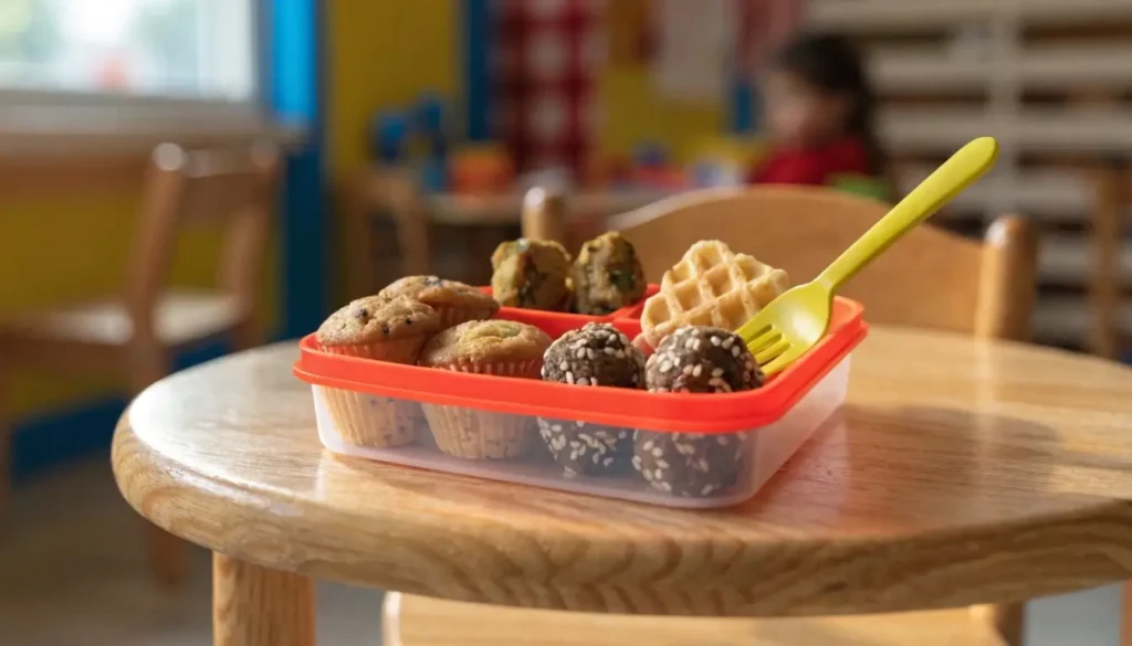 Ideen für die Kindergarten Brotdose: Diese bunten Snacks machen kleinen Kindern Freude und liefern Energie für den Tag! gesunden Snacks: Muffins, Waffeln und Energiebällchen auf Holztisch im Kindergarten