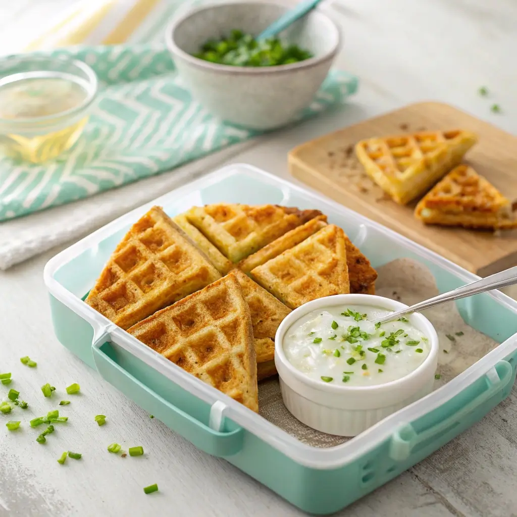 Herzhafte Kartoffelwaffeln in Dreiecken geschnitten in einer mintgrünen Brotdose mit frischem Kräuterquark-Dip, ideal als Pausensnack für den Kindergarten