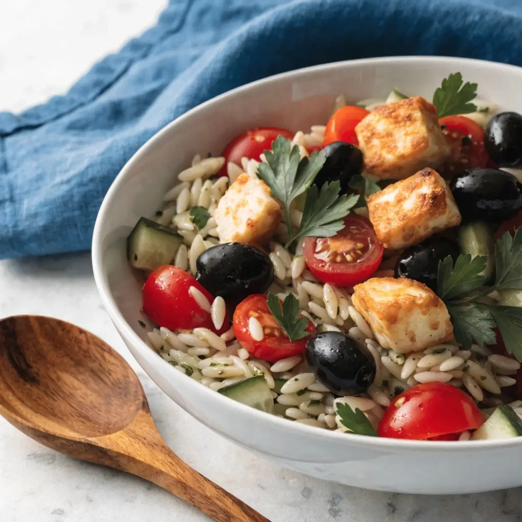 Kritharaki-Salat mit gebratenem Halloumi, Kirschtomaten, Gurken, schwarzen Oliven und Petersilie in weißer Schüssel mit Holzlöffel