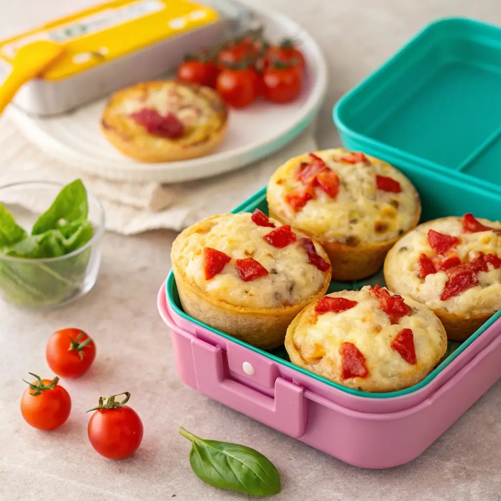 Low-Carb-Pizza-Muffins mit Kirschtomaten und Basilikum in rosa-türkisfarbener Brotdose, ideal als herzhafter Pausensnack für den Kindergarten