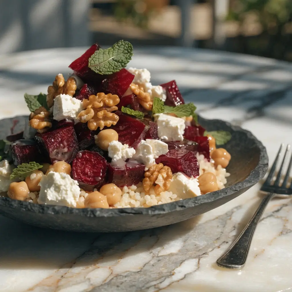 Rote Bete Salat mit Feta, Couscous, Kichererbsen, Walnüssen und frischer Minze in dunkler Schüssel auf Marmortisch angerichtet