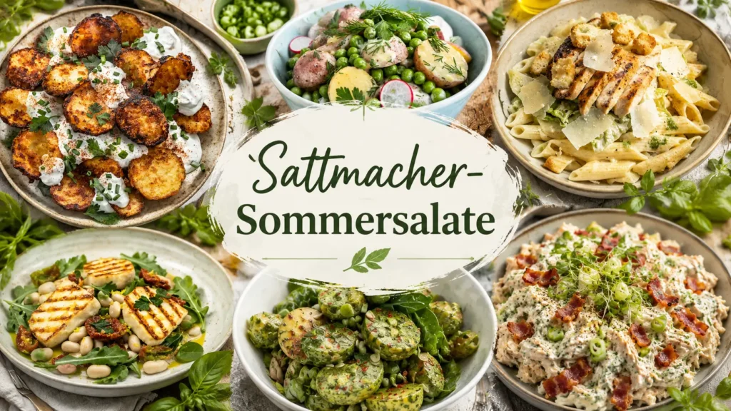 Verschiedene Sattmacher-Sommersalate mit gegrilltem Halloumi, Kartoffeln, Nudeln, Hähnchen und frischen Kräutern als Hauptmahlzeit