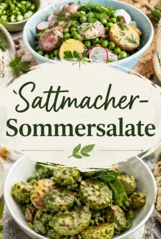 Verschiedene Sattmacher-Sommersalate mit gegrilltem Halloumi, Kartoffeln, Nudeln, Hähnchen und frischen Kräutern als Hauptmahlzeit