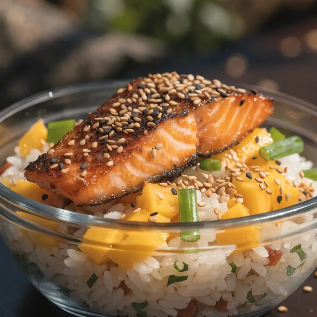 Exotischer Reissalat mit Lachs in einer Glasschüssel - serviert mit Reis, Mango, Sesam und Frühlingszwiebeln