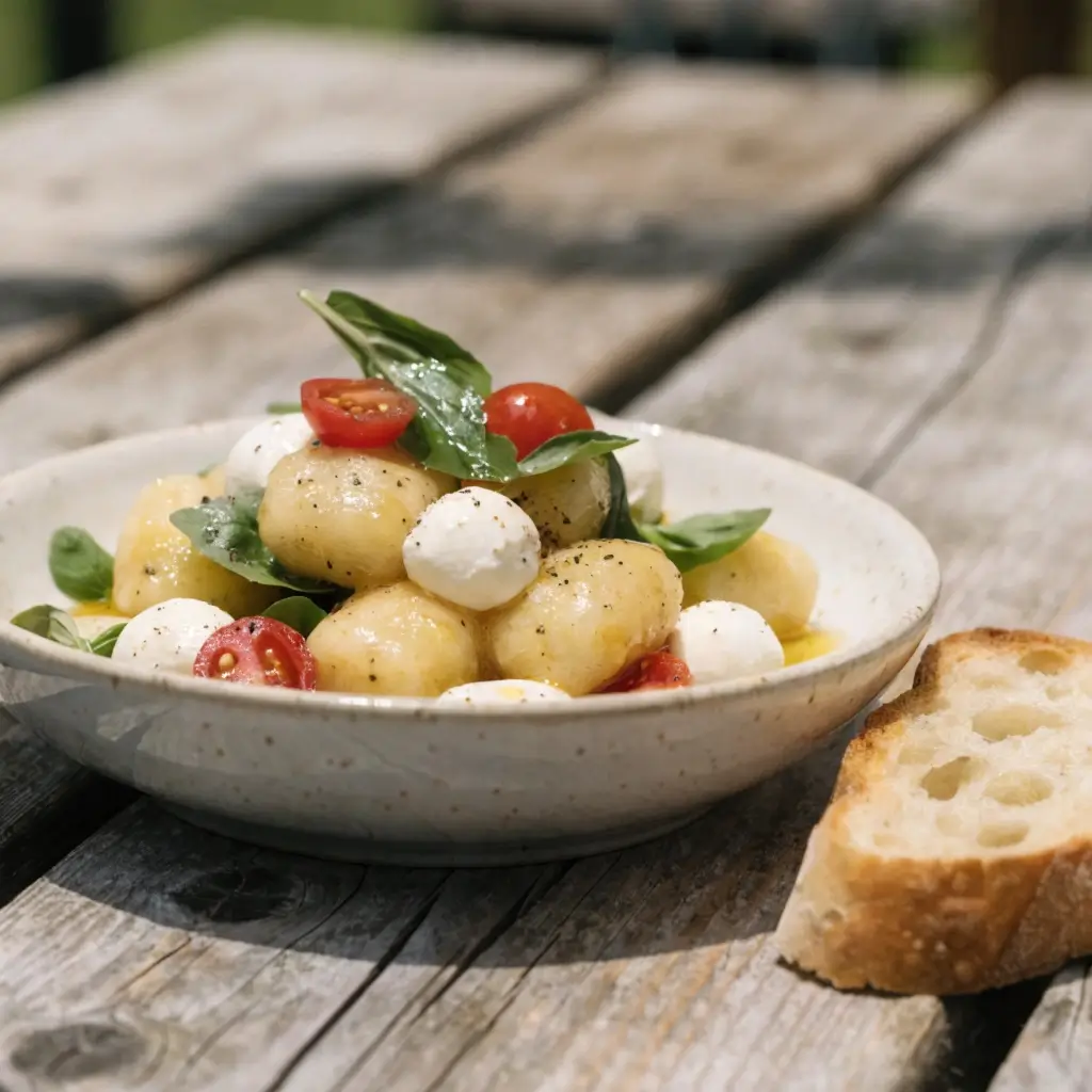 Gnocchi-Salat mit Tomaten und Mozzarella - frische Gnocchi mit Kirschtomaten, Mozzarella Kugeln und Basilikum in einer Schüssel auf Holztisch serviert