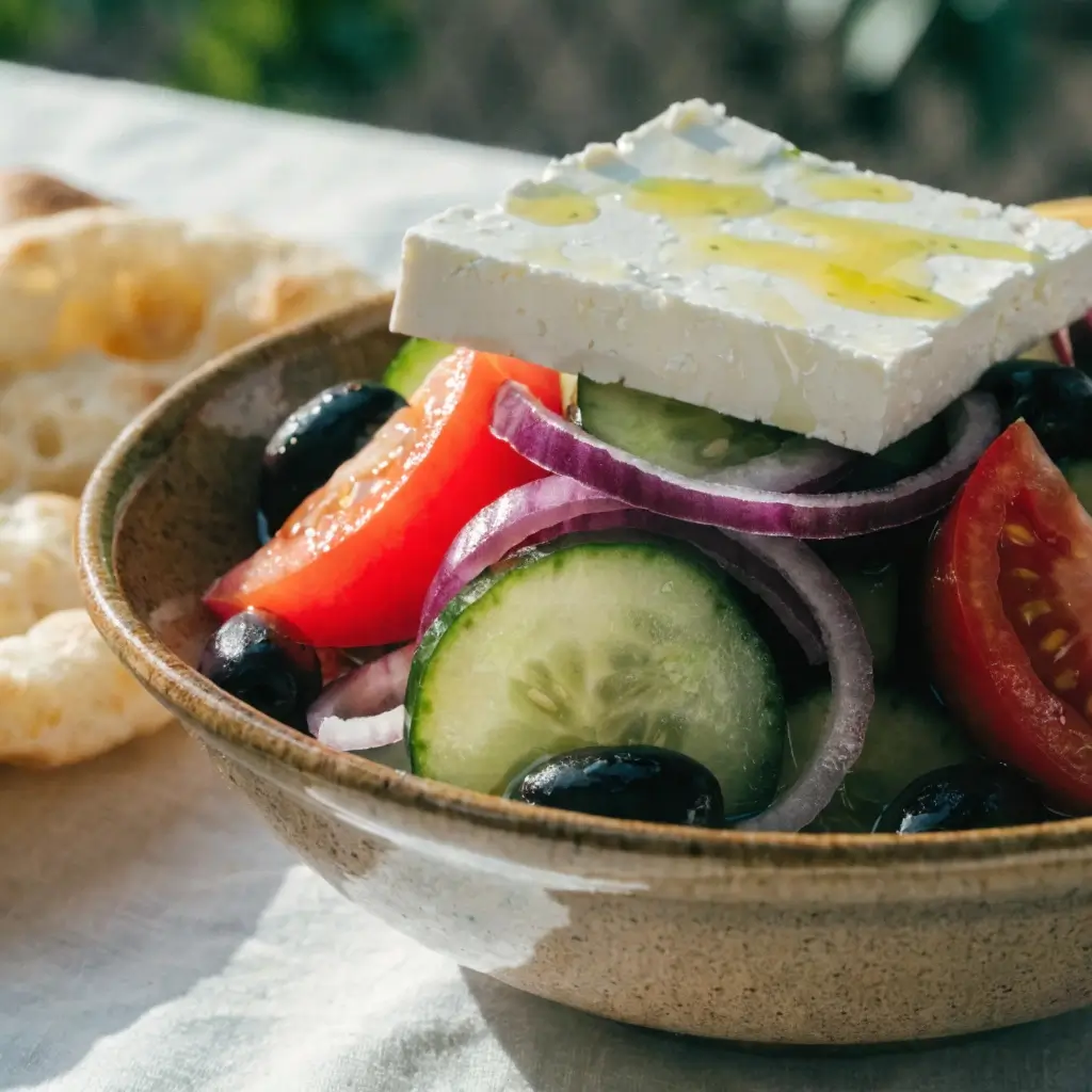 Griechischer Salat mit Feta in einer Schüssel mit Gurken, Tomaten, roten Zwiebeln und schwarzen Oliven, beträufelt mit Olivenöl