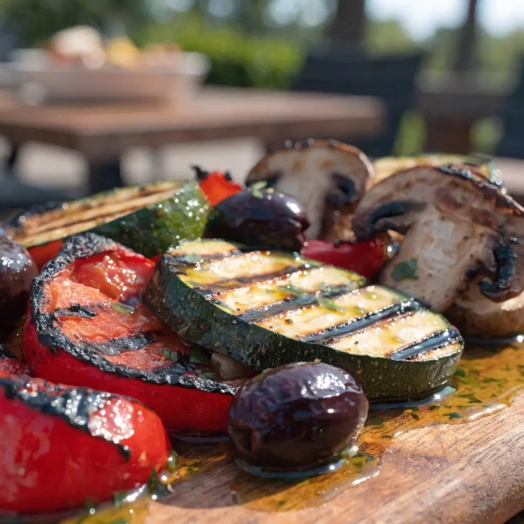 Mediterraner Antipasti-Salat mit gegrillter Zucchini, Paprika, Champignons und schwarzen Oliven auf einem Holzbrett angerichtet