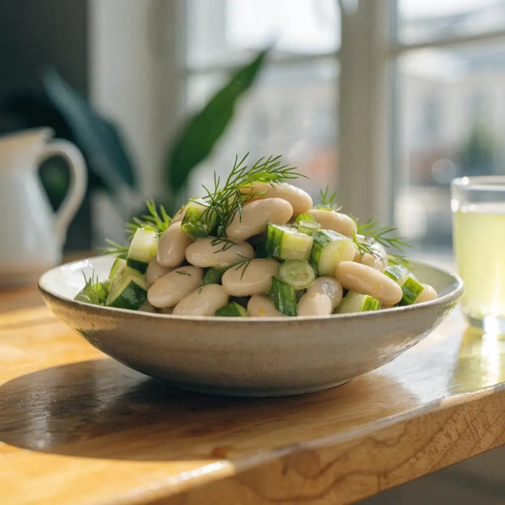 Proteinreicher Bohnensalat mit Dill und Gurken in einer Schüssel auf einem Holztisch serviert