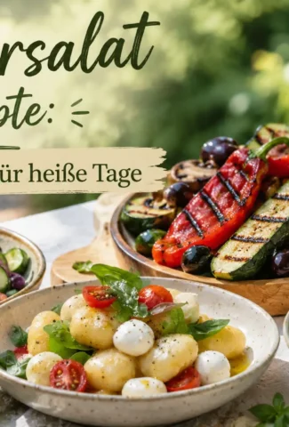 Sommersalat Rezepte - 6 frische Salate mit gegrilltem Gemüse, griechischem Salat, Caprese und Bohnensalat auf einem Tisch im Freien angerichtet