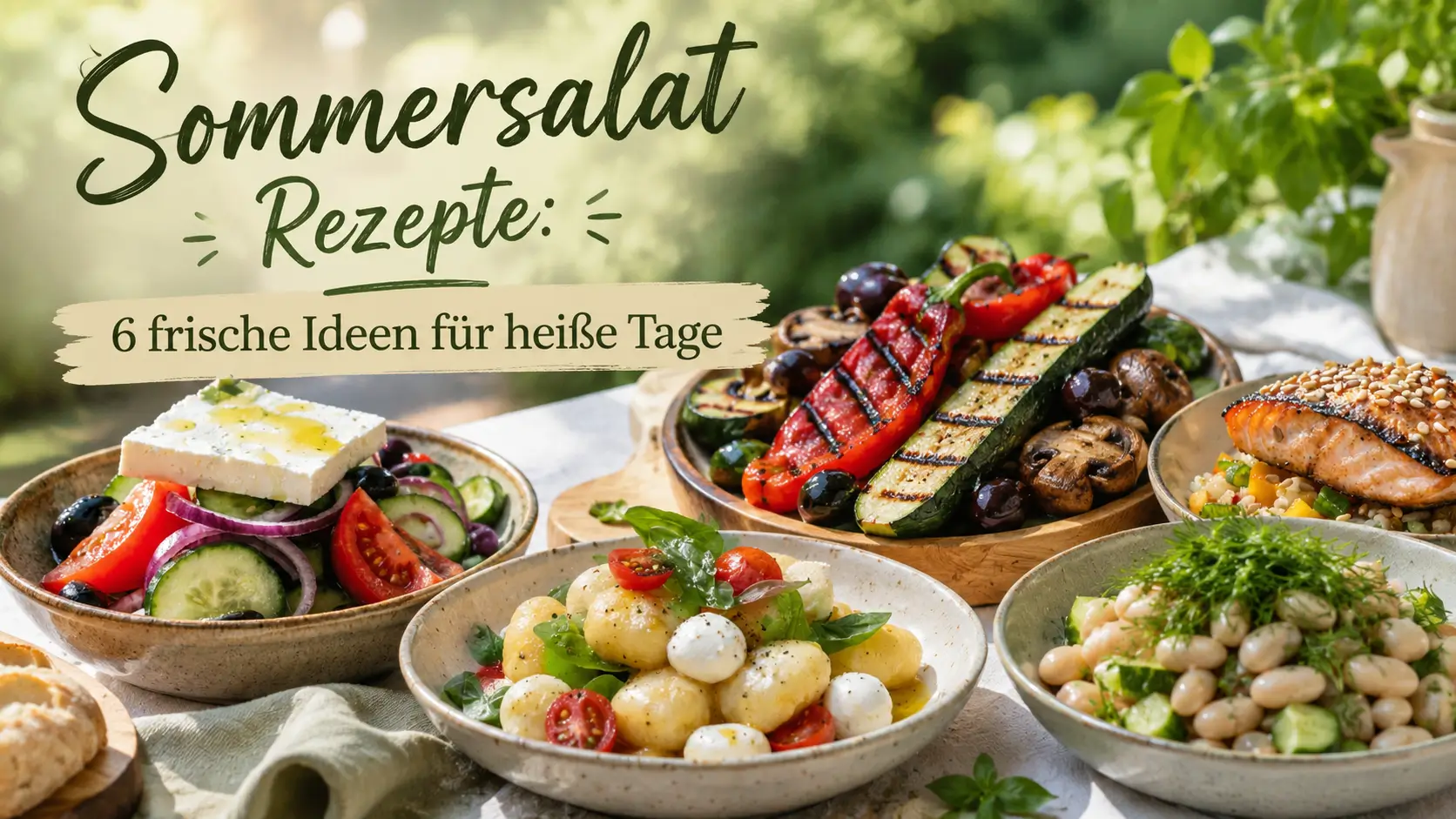 Sommersalat Rezepte - 6 frische Salate mit gegrilltem Gemüse, griechischem Salat, Caprese und Bohnensalat auf einem Tisch im Freien angerichtet