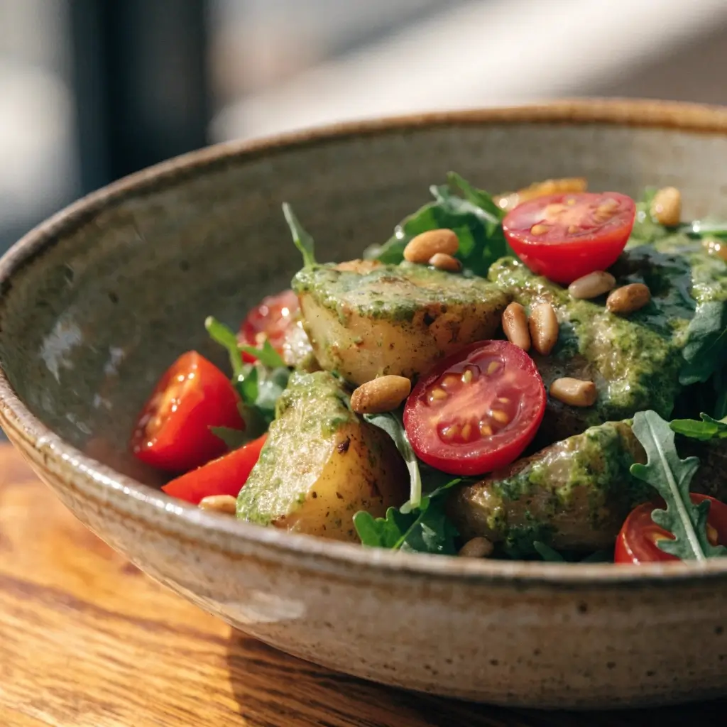 Würziger Kartoffelsalat mit Pesto, Kirschtomaten, Pinienkernen und Rucola in einer rustikalen Schüssel angerichtet