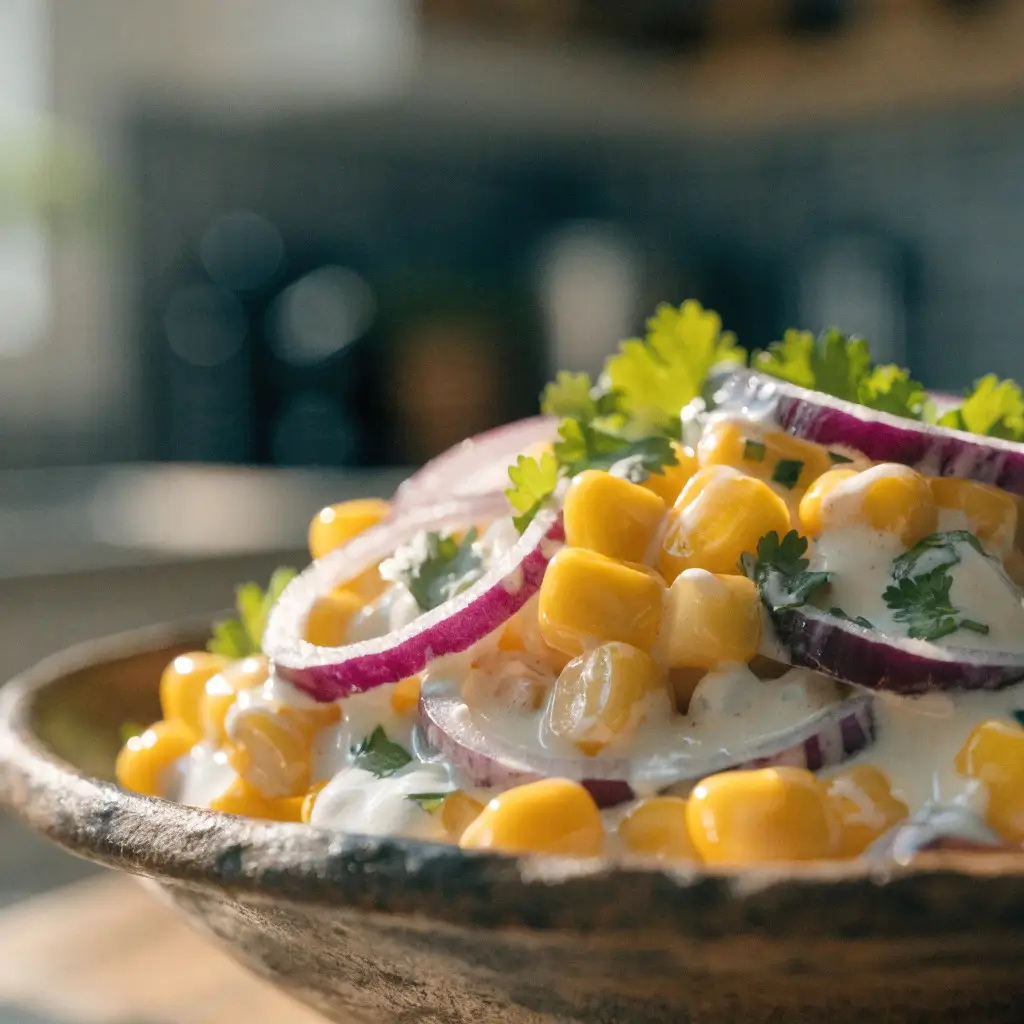 Cremiger Mais-Salat mit Mais, roten Zwiebeln und frischen Kräutern