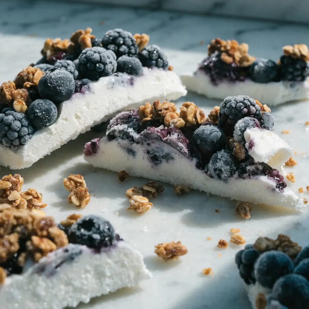 Frozen Yogurt Bark mit frischen Blaubeeren und knusprigem Granola