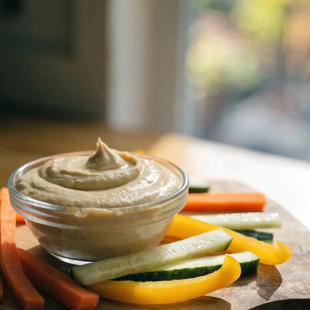Gemüsesticks mit Hummus - frische Karotten, Gurken und Paprika mit cremigem Hummus in einer Glasschüssel