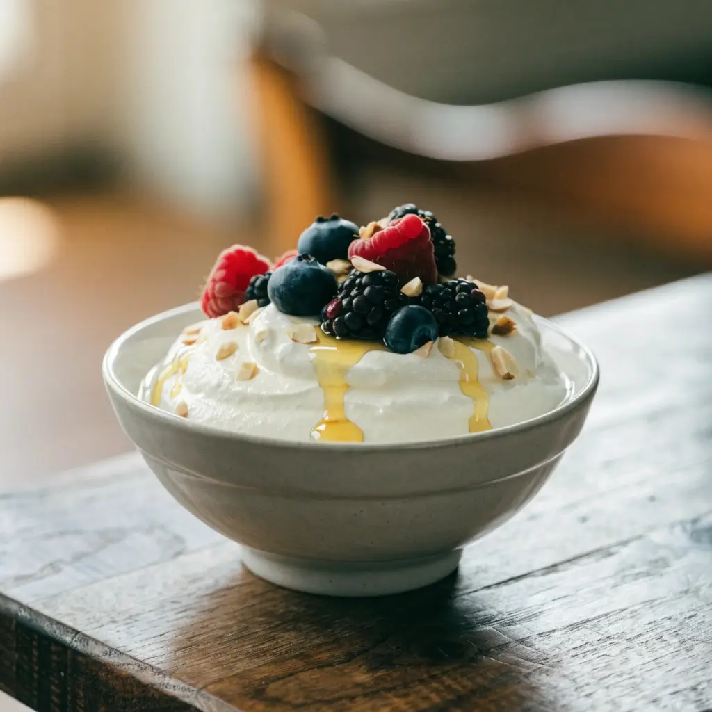 Griechischer Joghurt mit Beeren, Nüssen und Honig in einer Schüssel auf einem Holztisch angerichtet