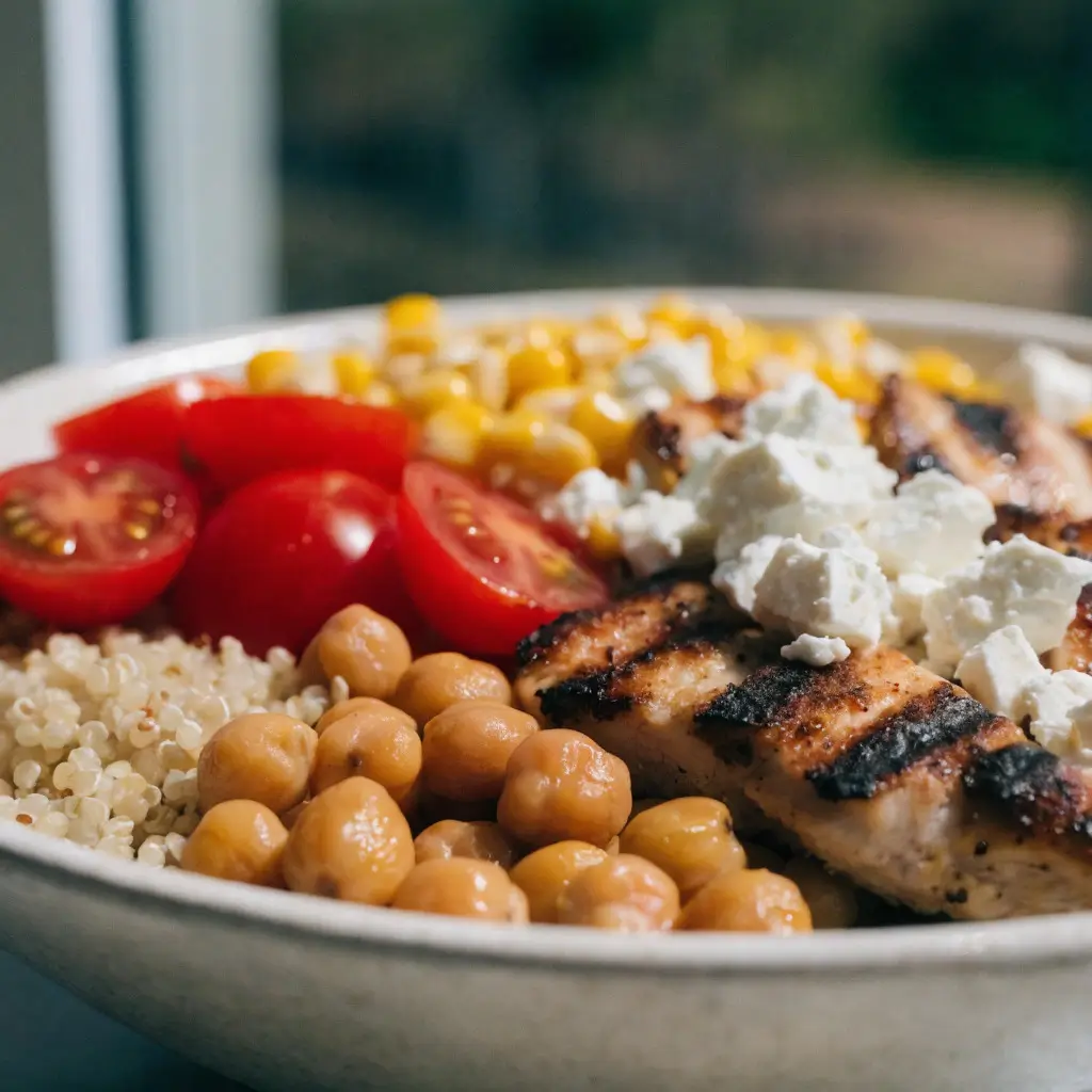 High-Protein-Sommer-Bowl mit Hähnchen, Kichererbsen, Quinoa, Tomaten und Feta