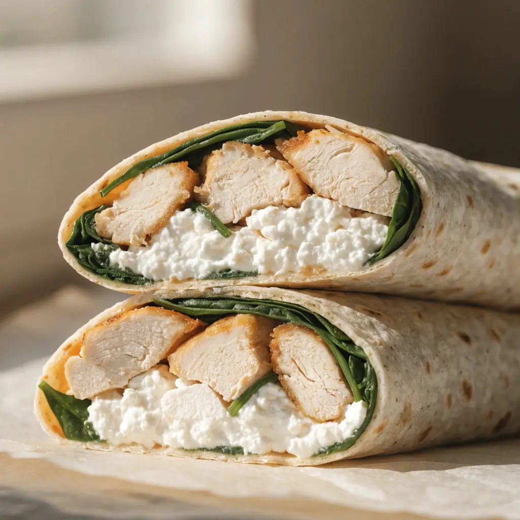 High-Protein-Wrap mit Hähnchen, Hüttenkäse und frischem Spinat