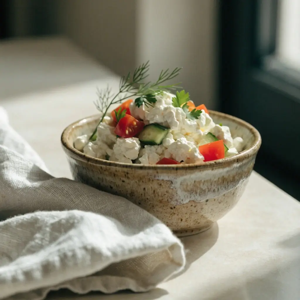 Hüttenkäse-Gemüse-Salat mit Gurken, Tomaten und frischen Kräutern in einer rustikalen Keramikschüssel serviert