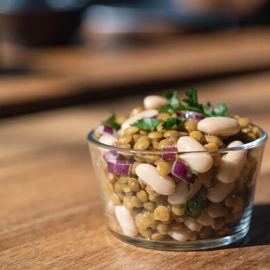 Linsen-Bohnen-Salat in einer Glasschüssel mit weißen Bohnen, roten Zwiebeln und frischer Petersilie auf einem Holztisch