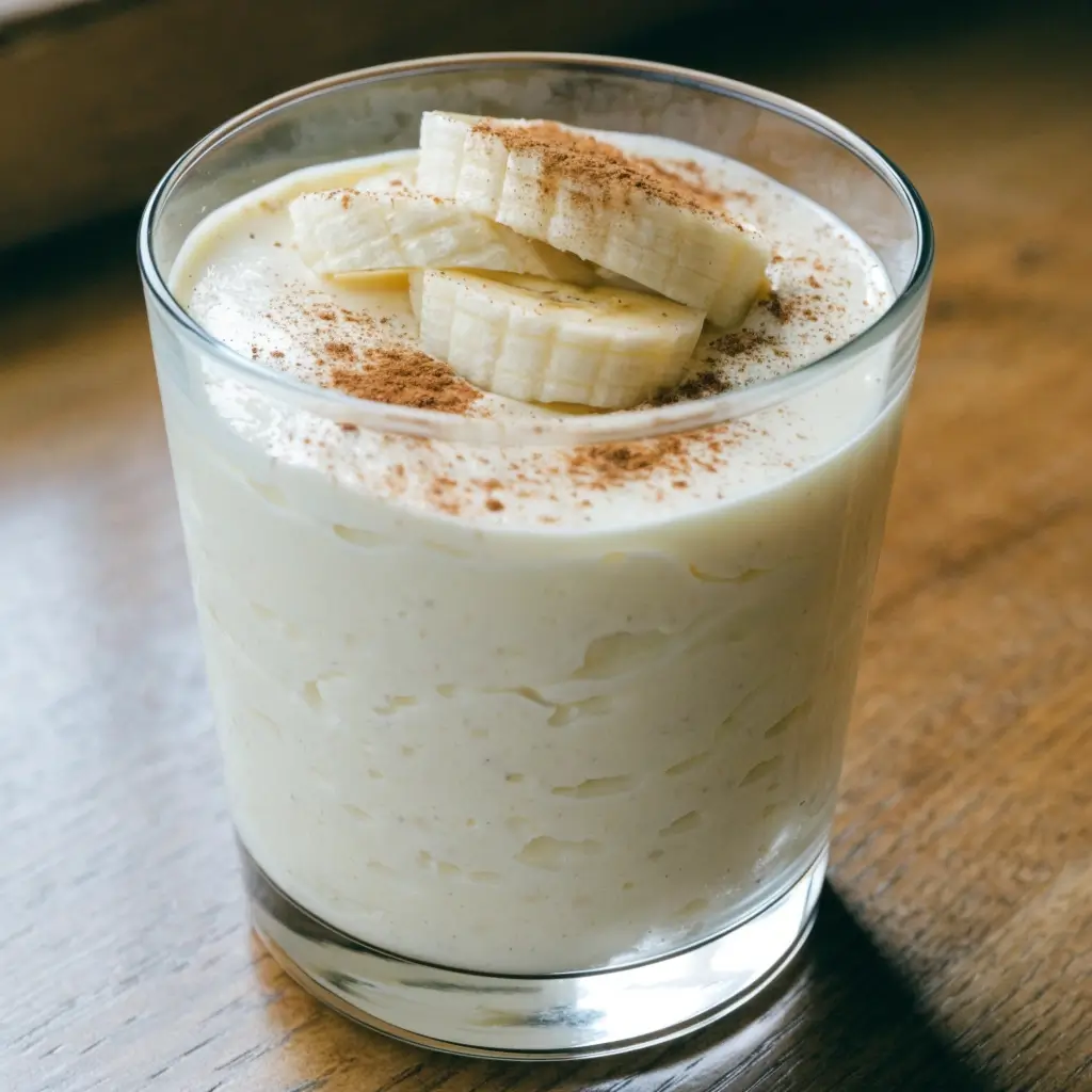 Magerquark-Zimt-Banane-Creme in einem Glas, garniert mit frischen Bananenscheiben und einer Prise Zimt