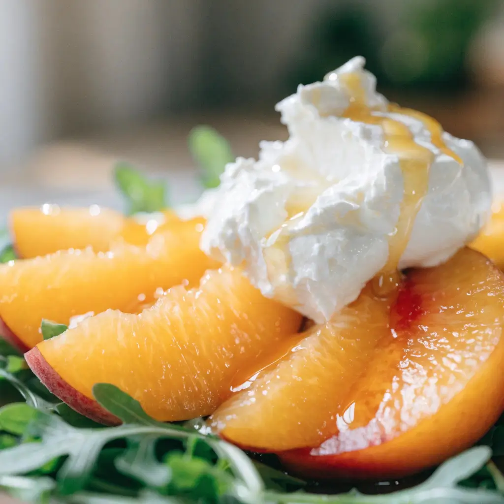 Pfirsich-Burrata-Salat mit saftigen Pfirsichen, cremiger Burrata und frischen Kräutern