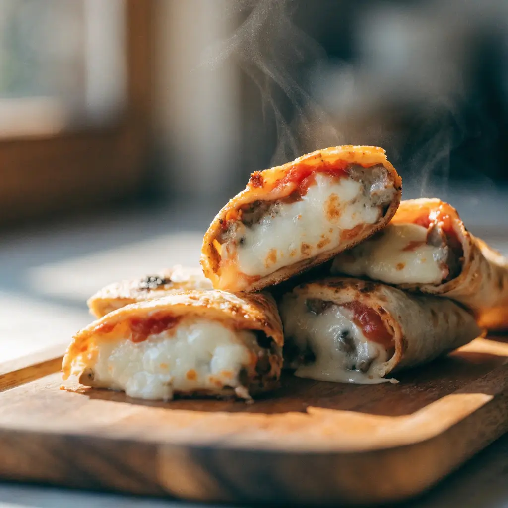 Pizza-Wraps aus dem Airfryer mit geschmolzenem Käse und herzhafter Füllung