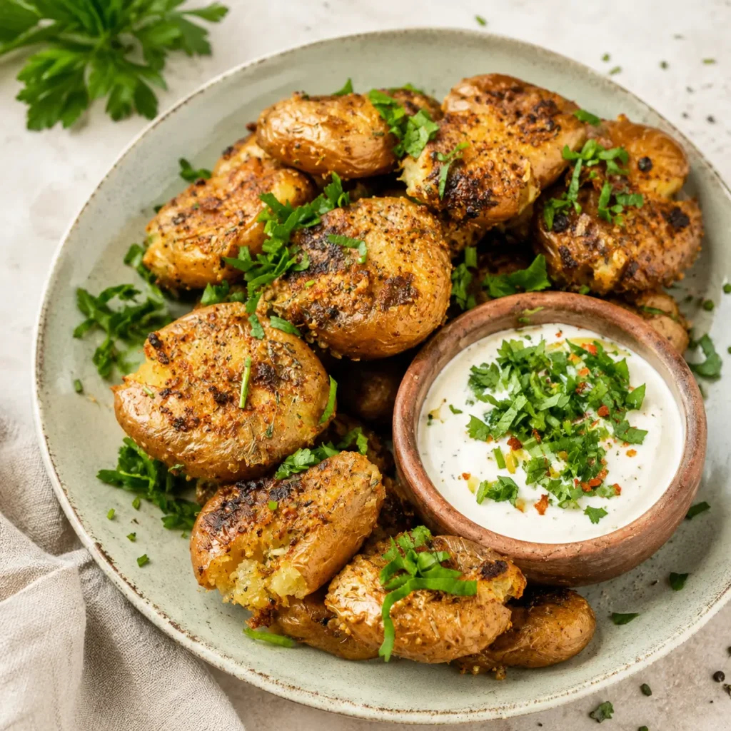 Smashed Potatoes aus dem Airfryer, knusprig gebacken und mit frischen Kräutern serviert