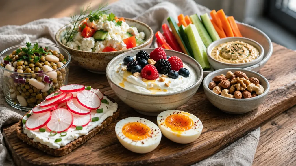 Snacks gegen Bauchfett - gesunde Auswahl mit griechischem Joghurt, Beeren, gekochten Eiern, Gemüsesticks, Hummus, Nüssen und Salat auf einem Holzbrett