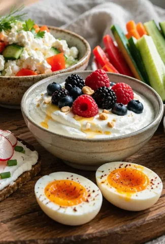 Snacks gegen Bauchfett - gesunde Auswahl mit griechischem Joghurt, Beeren, gekochten Eiern, Gemüsesticks, Hummus, Nüssen und Salat auf einem Holzbrett