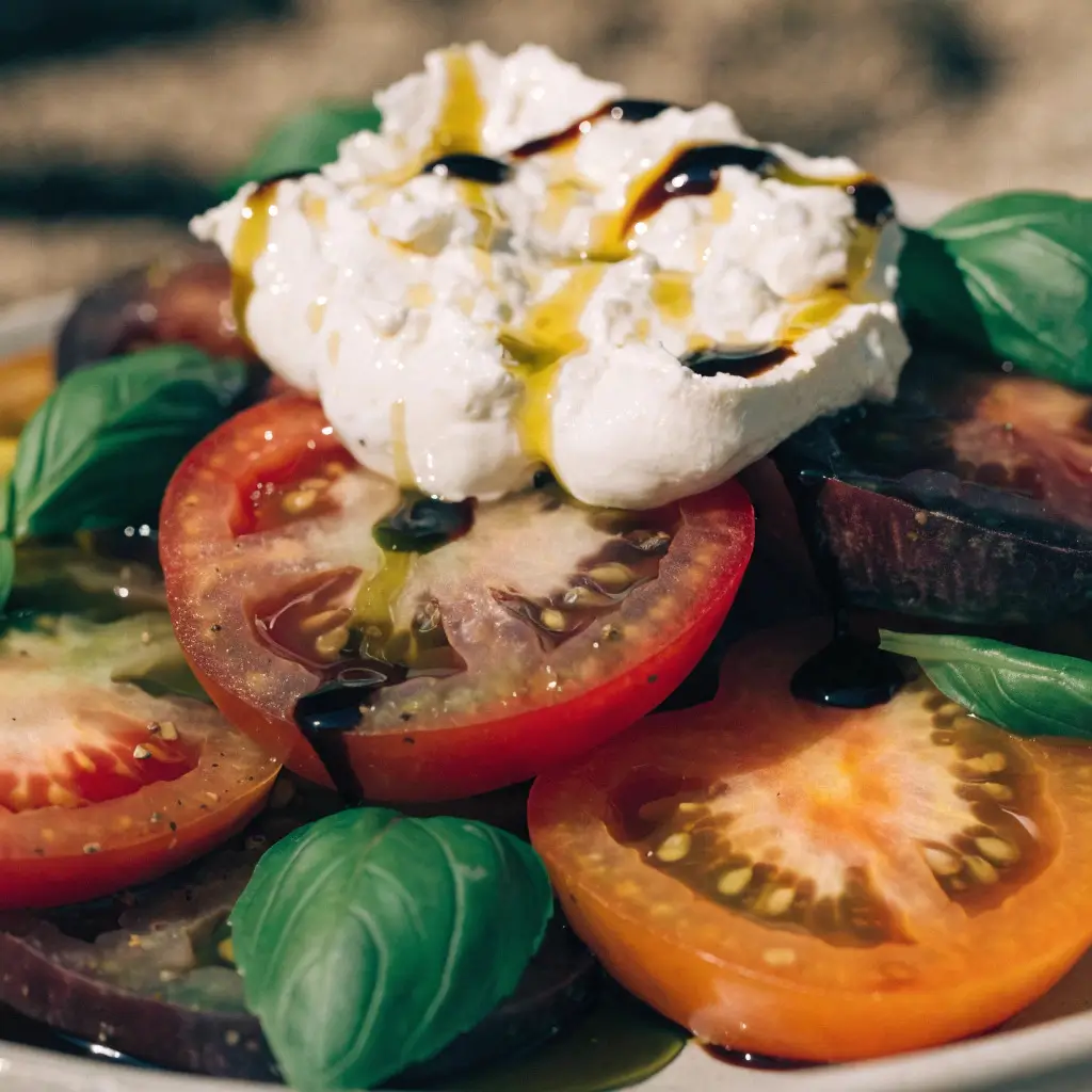 Tomaten-Burrata-Salat mit frischen Tomaten, cremiger Burrata und Basilikum