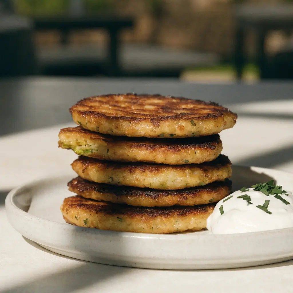 Zucchini-Feta-Taler goldbraun gebraten mit cremigem Dip und frischen Kräutern